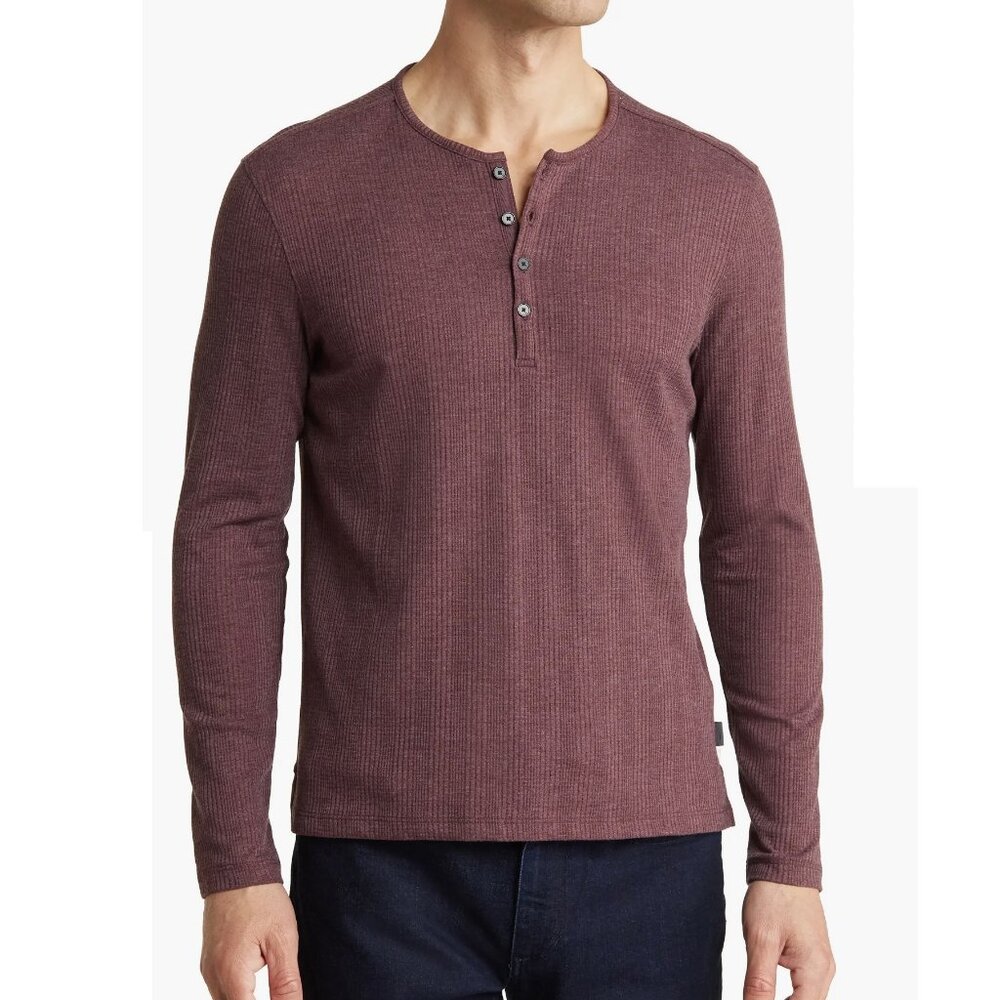 John Varvatos Men's Richard LS Crew Henley Pullover Shirt Waffle Stitch Plum XL